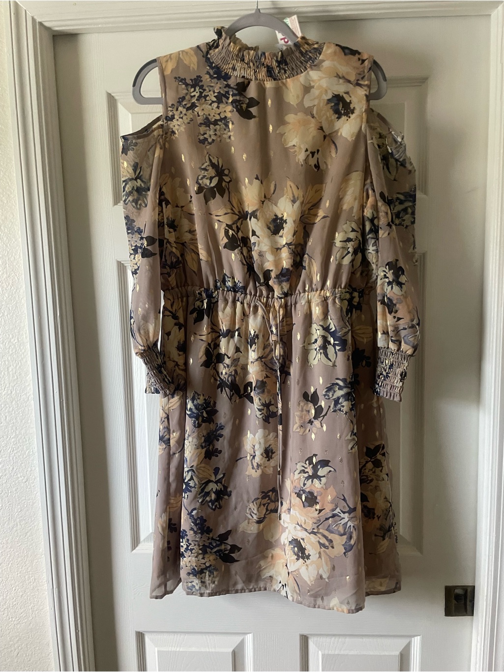 Y2k Cold-Shoulder Floral Chiffon Dress In Taupe New With Tags 1x — image 2 of 5
